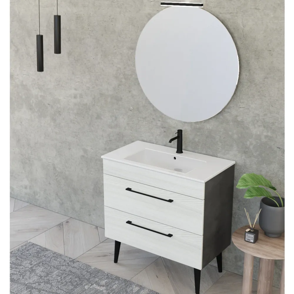Wall-mounted bathroom composition Smack 2 drawers 80x62 sink, mirror LED lamp ivoor elm and cement