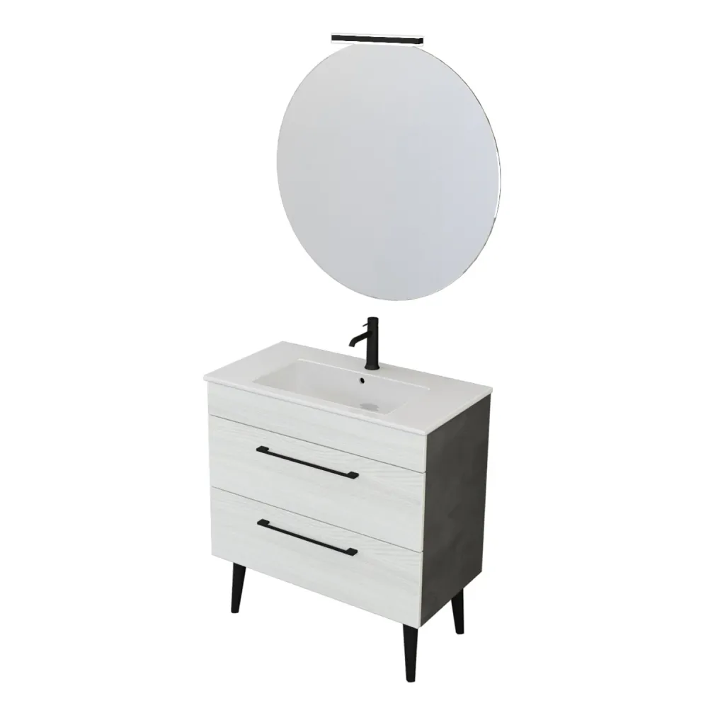 Wall-mounted bathroom composition Smack 2 drawers 80x62 sink, mirror LED lamp ivoor elm and cement
