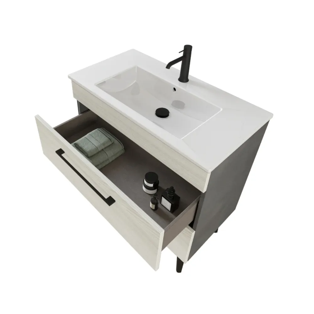 Wall-mounted bathroom composition Smack 2 drawers 80x62 sink, mirror LED lamp ivoor elm and cement