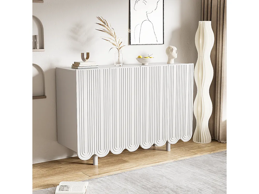 Dressoir met 4 geprofileerde deuren - 120 x 37,5 x 80,8 cm - Spaanplaat - Traanvorm - Wit