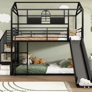 Ijzeren stapelbed 90x200cm - met glijbaan en veiligheidsrails - Zwart