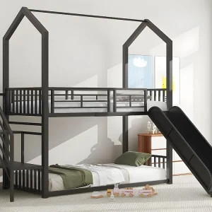 Professionele Kwaliteit stapelbed 90x200cm - ijzeren frame - met trap en glijbaan - Zwart