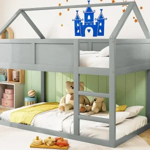 Stapelbed 90x200cm - met trap - massief houtstructuur - Grijs