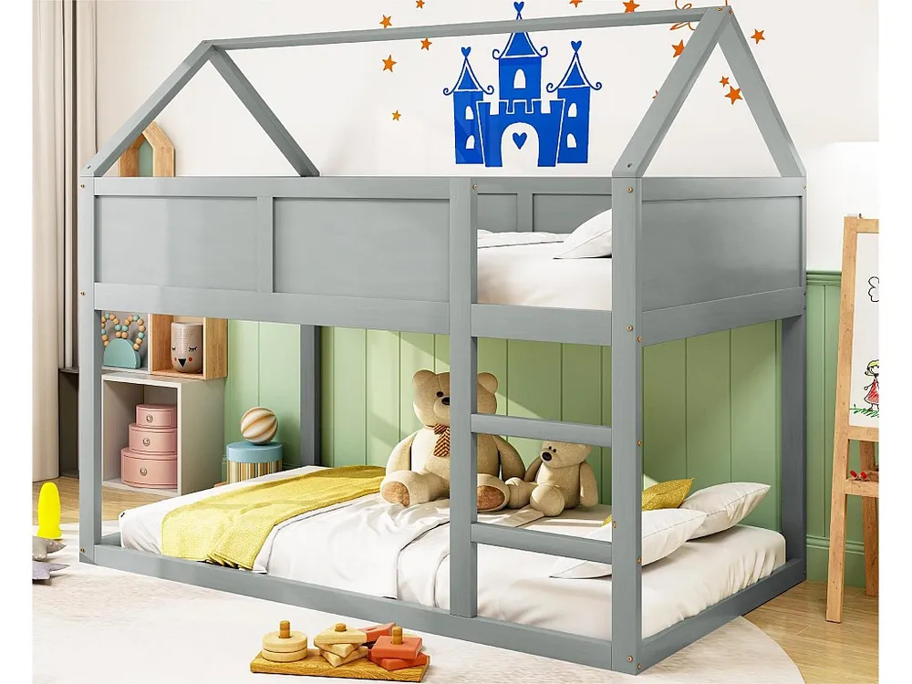 Stapelbed 90x200cm - met trap - massief houtstructuur - Grijs