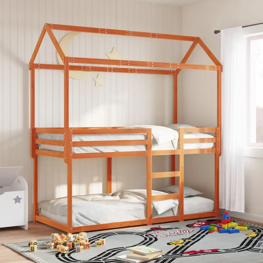 Stapelbed met bedhuis massief grenenhout wasbruin 90x200 cm
