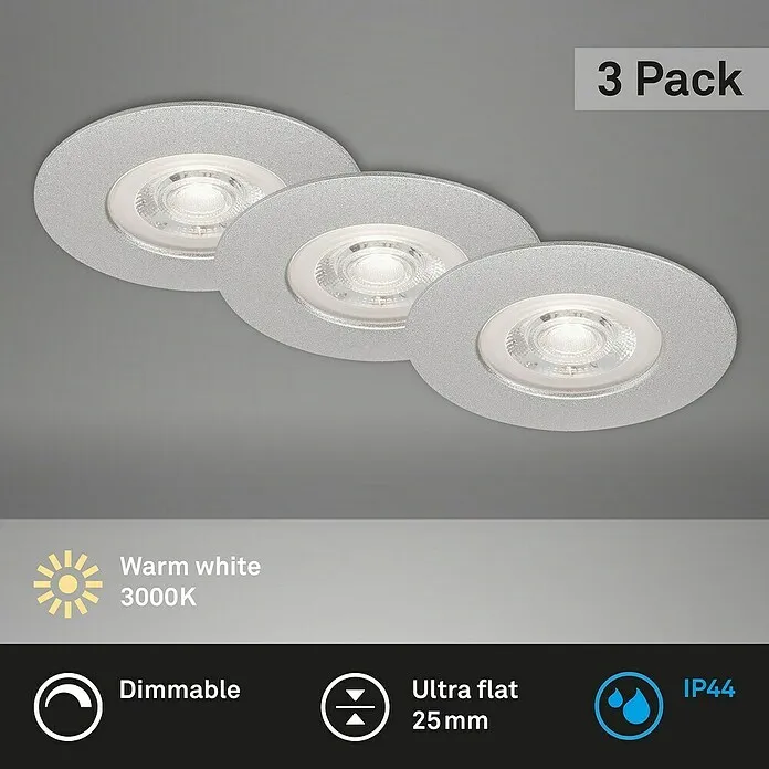 Briloner Led-inbouwspotset - Ø x h: 90 cm x 25 mm, Chroom, 3 st., Gastvrij wit