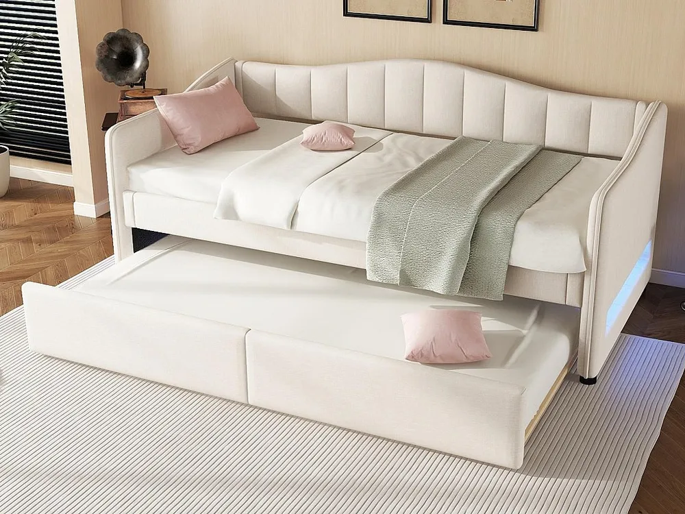 90x200cm bedbank met LED + 90x190cm onderschuifbed - bekleed met linnenstof - Natuurtint (matras niet inbegrepen)