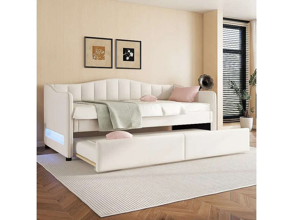 90x200cm bedbank met LED + 90x190cm onderschuifbed - bekleed met linnenstof - Natuurtint (matras niet inbegrepen)