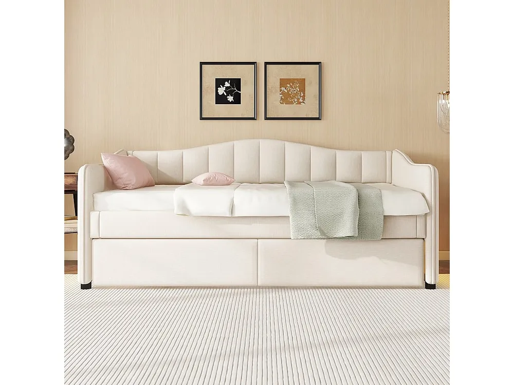 90x200cm bedbank met LED + 90x190cm onderschuifbed - bekleed met linnenstof - Natuurtint (matras niet inbegrepen)