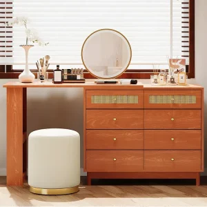 Extra Zware Uitschuifbare kaptafel - 8 laden en 1 spiegel met LED - Retrostijl - Bruin (kruk niet inbegrepen)
