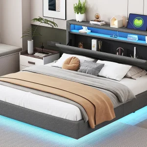Gestoffeerd bed 160 x 200 cm - USB-aansluiting + LED's - omkeerbaar hoofdeinde - linnen stof - grijs | VCA Goedgekeurd