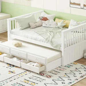 Lichtgewicht Houten bed 140x200cm met onderschuifbed 90x190cm - 3 lades - Wit