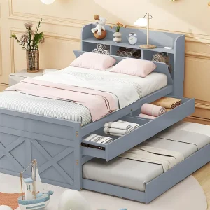 Massief houten onderschuifbed - 90x190cm - met 2 lades en USB-oplaadpoort op de plank - Grijs met Werkplateau
