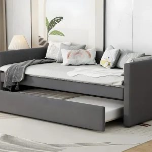 Multifunctioneel onderschuifbed met opklapbed - 90x200 cm - linnen stof - Grijs