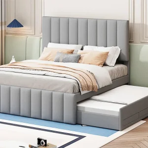 Onderschuifbed 140 x 200 cm + 90 x 190 cm - 3 laden - linnenstof - lattenbodem - grijs Eenvoudig te Verplaatsen