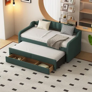 Onderschuifbed 90 x 200 cm + 90 x 190 cm met 3 laden, dagbed - katoenen linnen stof - groene kleur Eenvoudig te Verplaatsen