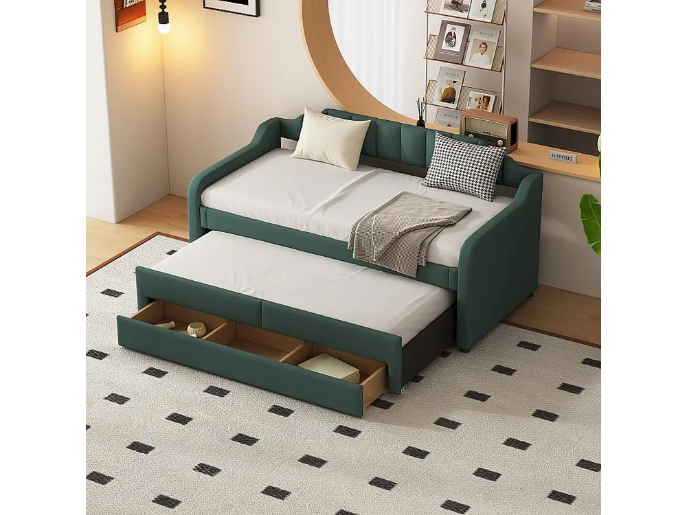 Onderschuifbed 90 x 200 cm + 90 x 190 cm met 3 laden, dagbed - katoenen linnen stof - groene kleur Eenvoudig te Verplaatsen