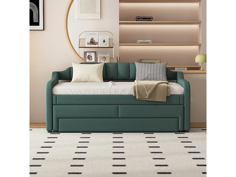 Onderschuifbed 90 x 200 cm + 90 x 190 cm met 3 laden, dagbed - katoenen linnen stof - groene kleur Eenvoudig te Verplaatsen