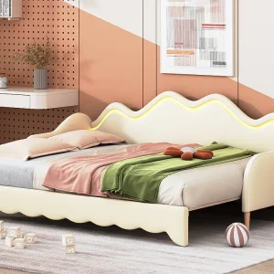 Uitschuifbaar bed 90/180 x 190 cm voor kinderen - Slaapbank - PU leer - LED's - Lichtbruin