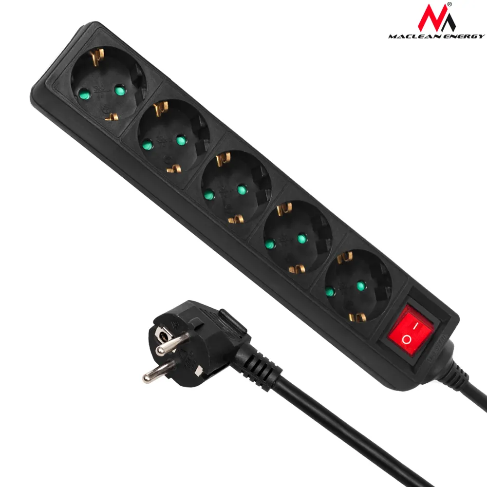 Verlengkabel Maclean stekkerdoos, 5-polige verlengkabel, Met schakelaar, Zwart, Duits type, 3500W, 1,4m, MCE226G