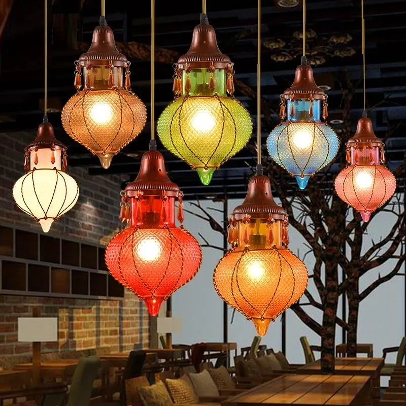 Bohemian Mediterrane Kleurrijke Glazen Plafond Drop Light Hanglamp Verlichting Armatuur Voor Cafe Bar Restaurant Cafe Deco...
