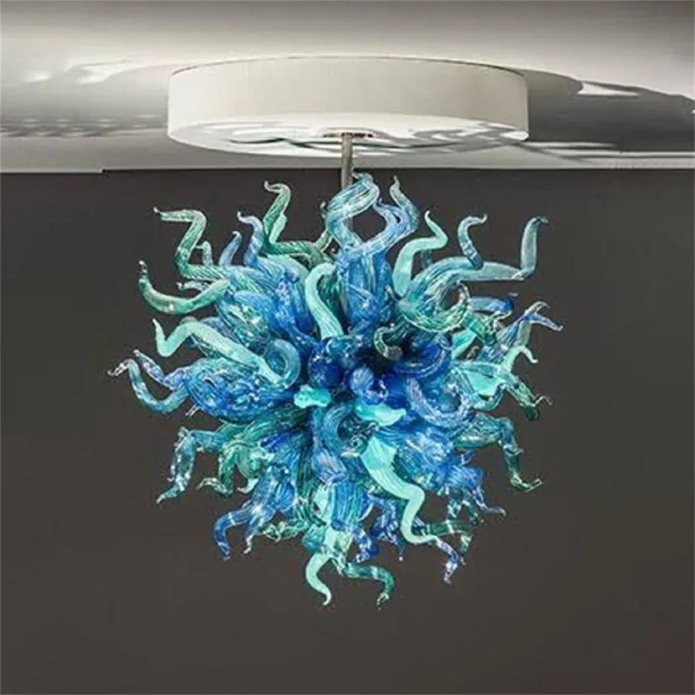 Gekleurde blauw en groen glazen kroonluchter met led verlichting handgeblazen Venetiaans glas W50xh50cm ATY Home Decor