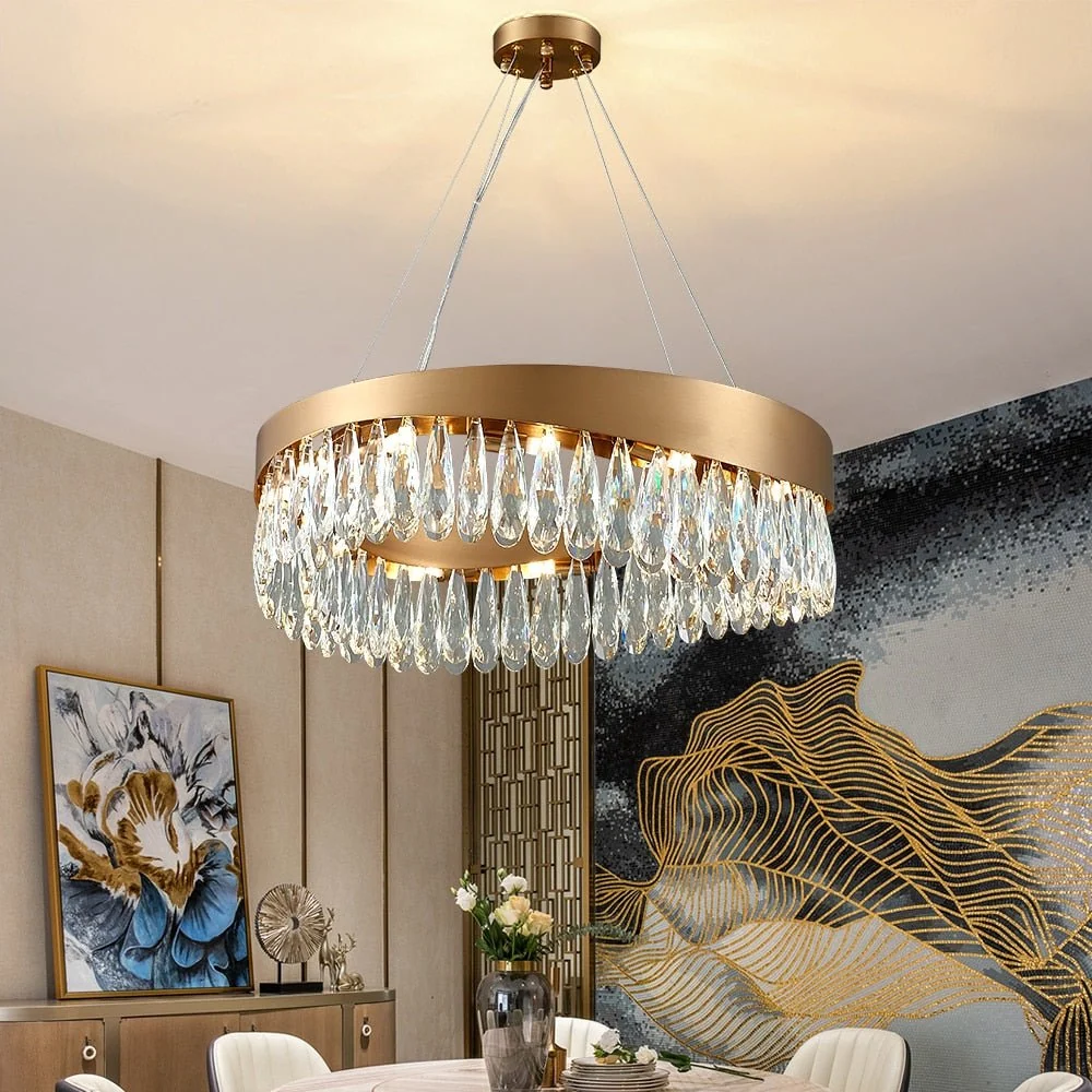Geleide Geborsteld Gouden Woonkamer Kroonluchter Kunst Ontwerp Luxe K9 Kristallen Lamp Licht Armatuur Modern Rond Diameter...