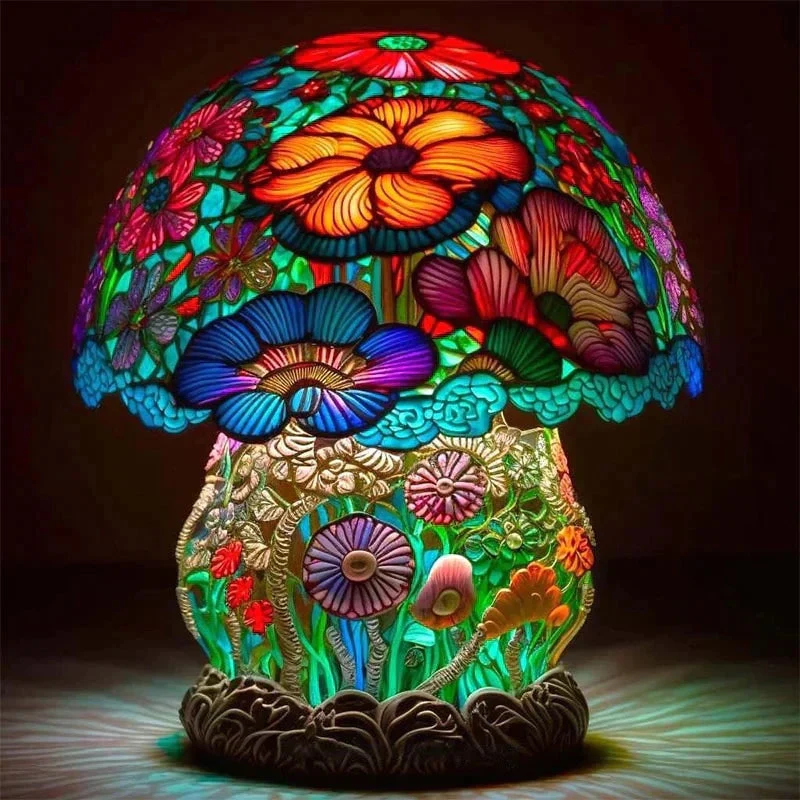 Betoverende Tafellamp Paddenstoel met Gekleurd Glas