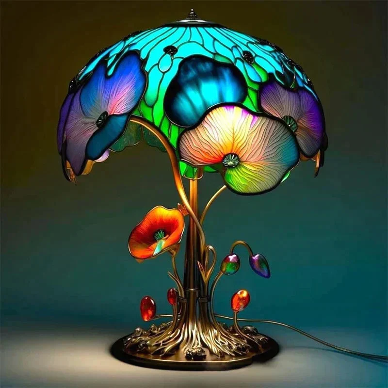 Betoverende Tafellamp Paddenstoel met Gekleurd Glas