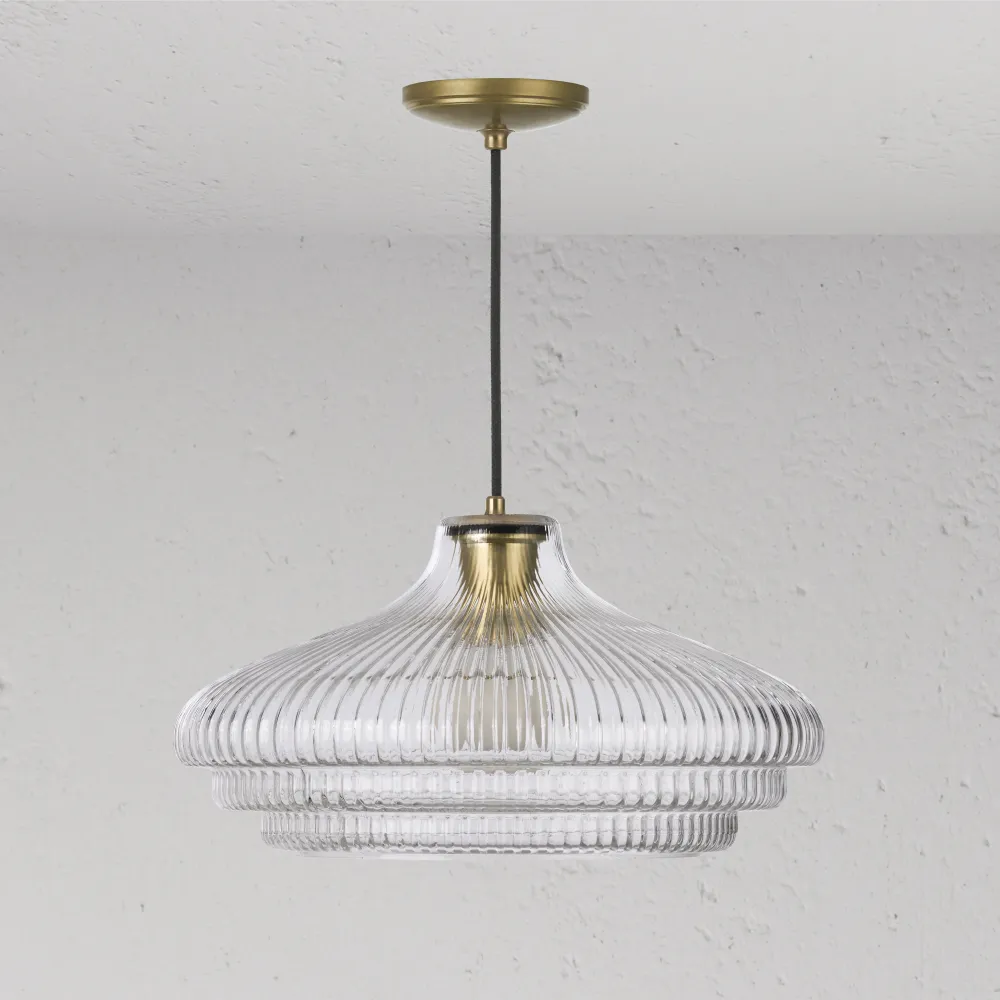 Brookfield Grote Hanglamp Geribbeld Glas - Antiek Messing