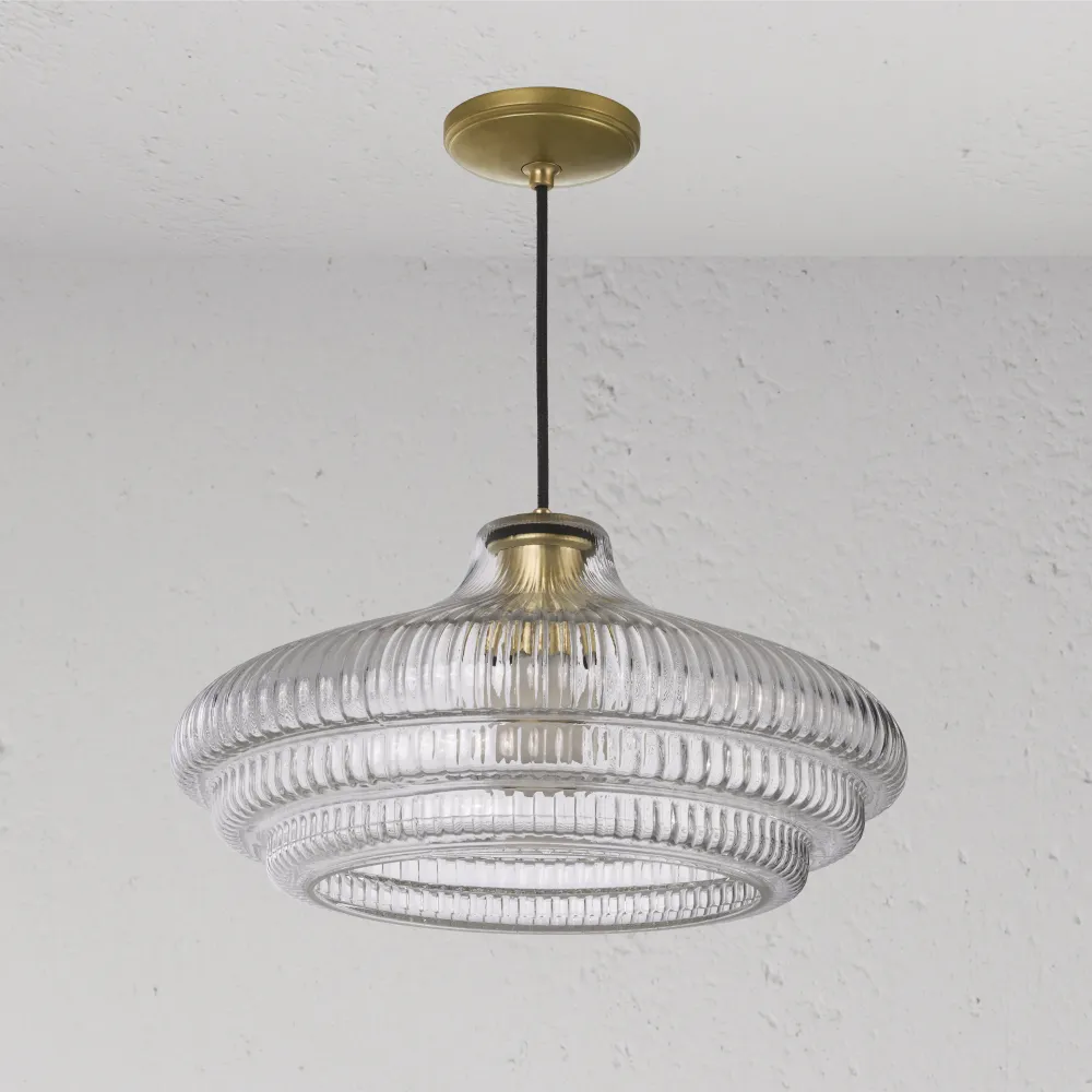 Brookfield Grote Hanglamp Geribbeld Glas - Antiek Messing