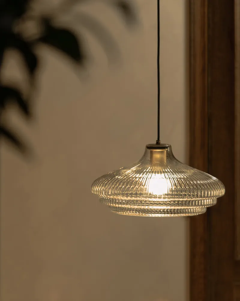 Brookfield Grote Hanglamp Geribbeld Glas - Antiek Messing
