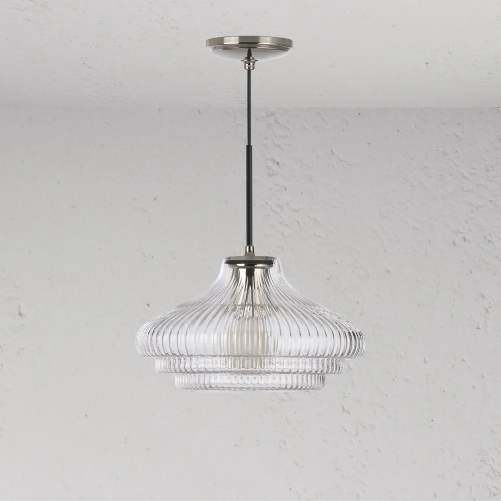 Brookfield Medium Hanglamp Geribbeld Glas - Gepolijst Nikkel
