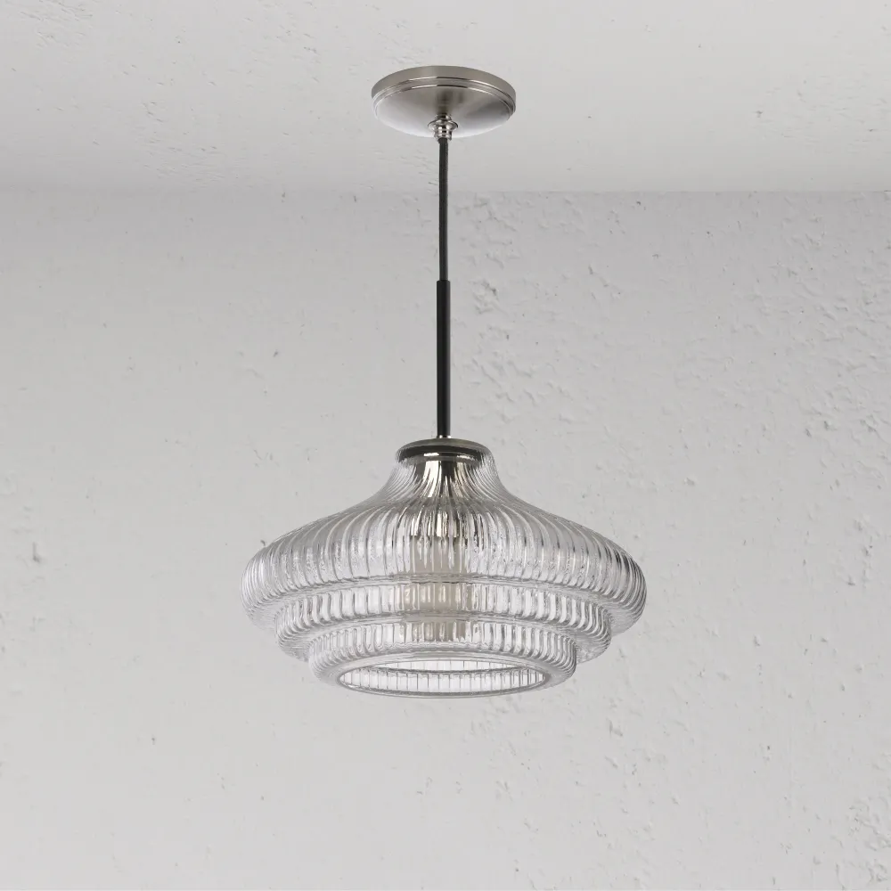 Brookfield Medium Hanglamp Geribbeld Glas - Gepolijst Nikkel