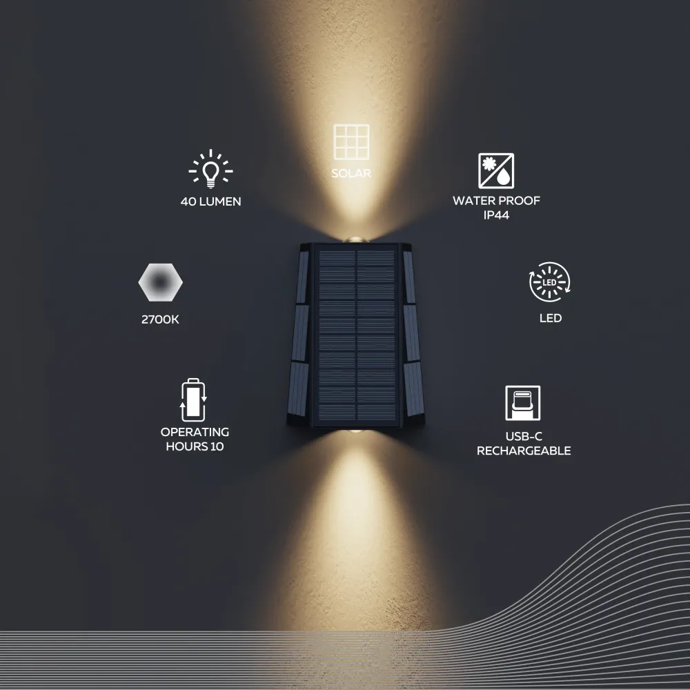 Calex Matera Solar Wandlamp - Up & Down - Zwart