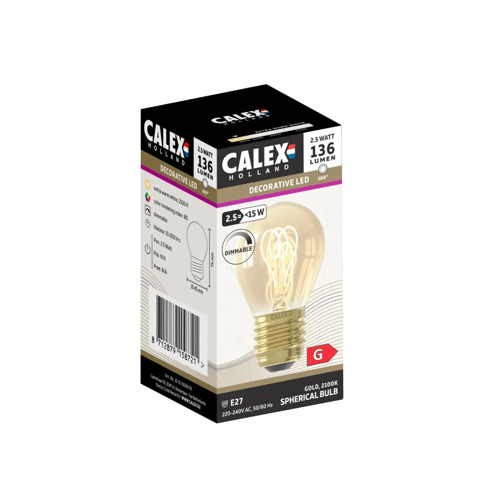 Calex Spiraal Filament LED Lamp - E27 - P45 - Goud