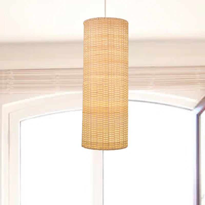 10"/12" W cilinder hangende hanglamp Aziatische stijl rotan 1 lichtbeige plafondverlichting voor restaurant Clearhalo