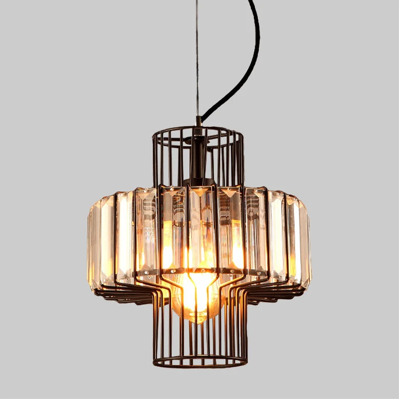 10"/12,5" brede minimalistische lantaarn kristal blok ophanging verlichting 1 kop plafondhanger zwart met metalen kooi Cle...