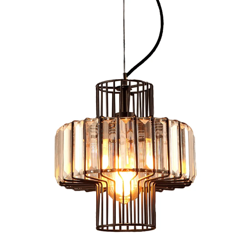 10"/12,5" brede minimalistische lantaarn kristal blok ophanging verlichting 1 kop plafondhanger zwart met metalen kooi Cle...