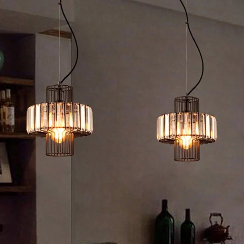 10"/12,5" brede minimalistische lantaarn kristal blok ophanging verlichting 1 kop plafondhanger zwart met metalen kooi Cle...