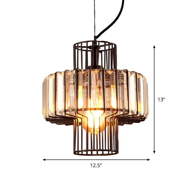 10"/12,5" brede minimalistische lantaarn kristal blok ophanging verlichting 1 kop plafondhanger zwart met metalen kooi Cle...
