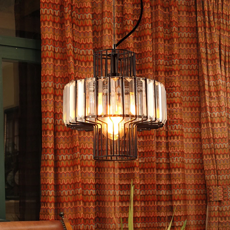 10"/12,5" brede minimalistische lantaarn kristal blok ophanging verlichting 1 kop plafondhanger zwart met metalen kooi Cle...