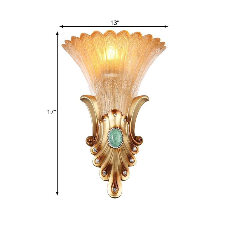 10"/13" brede gouden 1-lichts inbouwkolonialisme matglas uitlopende wandlamp voor slaapkamer Clearhalo