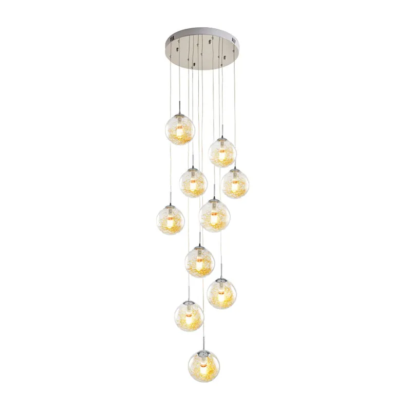 10-koppige multi-licht hangende modernistische trapophanglamp met bolvormige helderglazen kap zilver Clearhalo