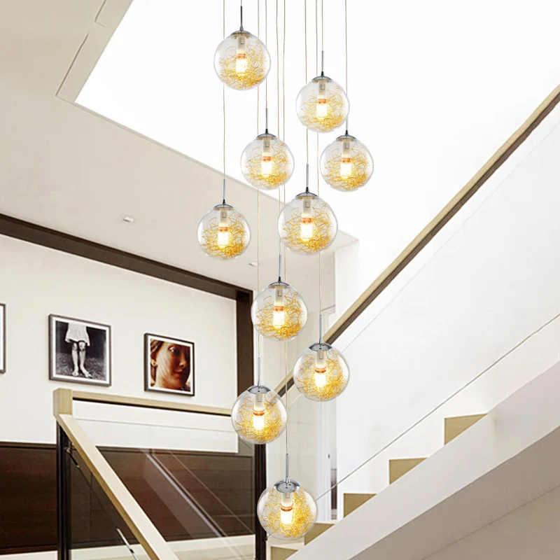 10-koppige multi-licht hangende modernistische trapophanglamp met bolvormige helderglazen kap zilver Clearhalo