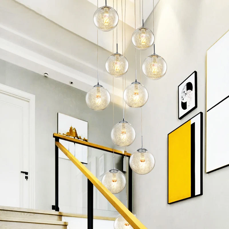 10-koppige multi-licht hangende modernistische trapophanglamp met bolvormige helderglazen kap zilver Clearhalo