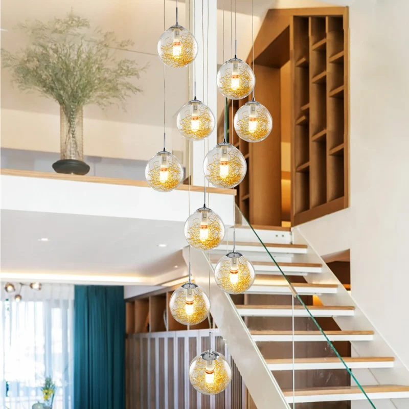 10-koppige multi-licht hangende modernistische trapophanglamp met bolvormige helderglazen kap zilver Clearhalo