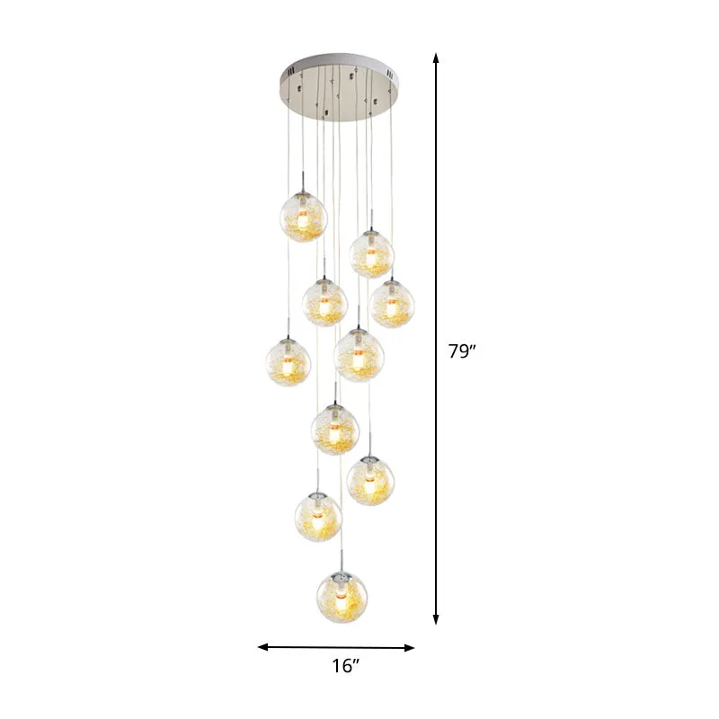 10-koppige multi-licht hangende modernistische trapophanglamp met bolvormige helderglazen kap zilver Clearhalo