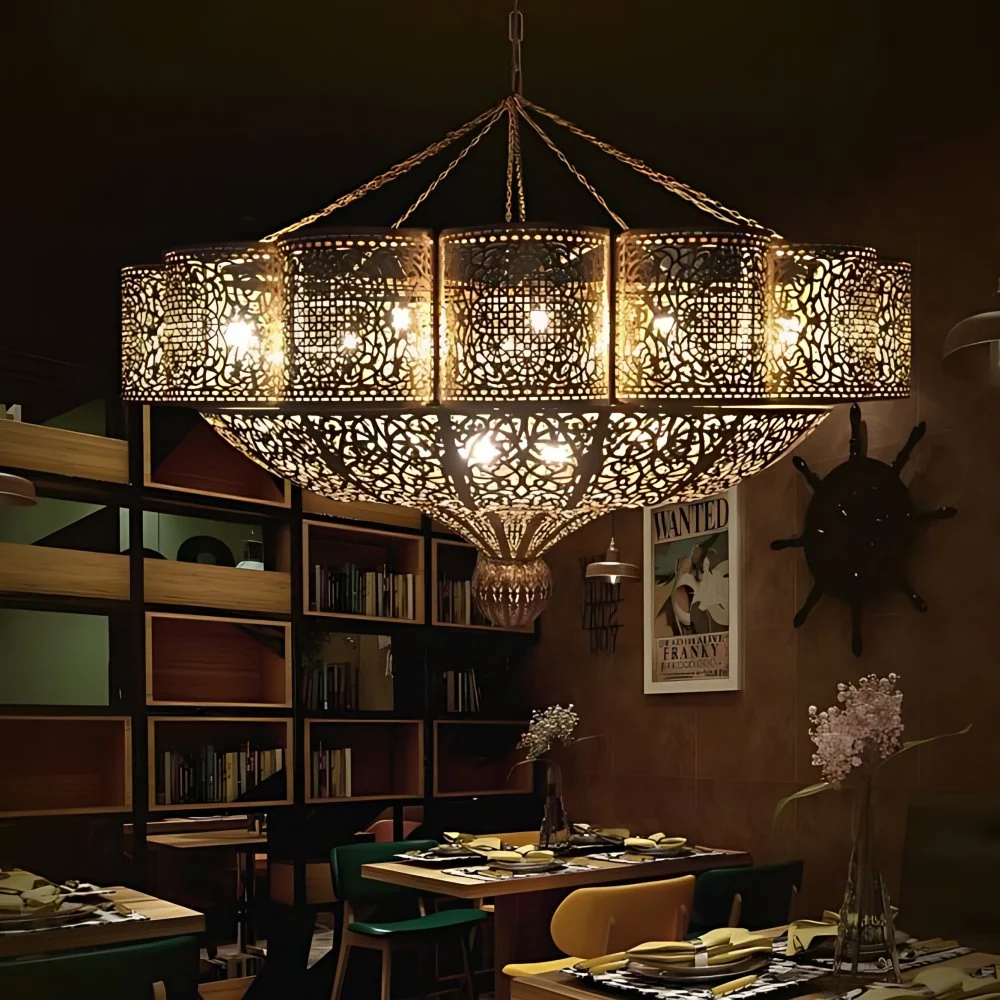 11-kops hanglampset Arabische stijl Priscilla Edge metalen plafondkroonluchter messing met hol gesneden ontwerp Clearhalo