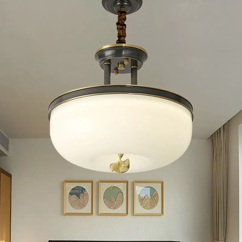 12"/16" W goud/zwarte kom hangende kroonluchter Vintage mat wit glazen eetkamer LED hanglamp Clearhalo